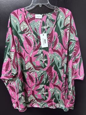 Adrienne Pink & Green Abstract Leaf Print Blouse